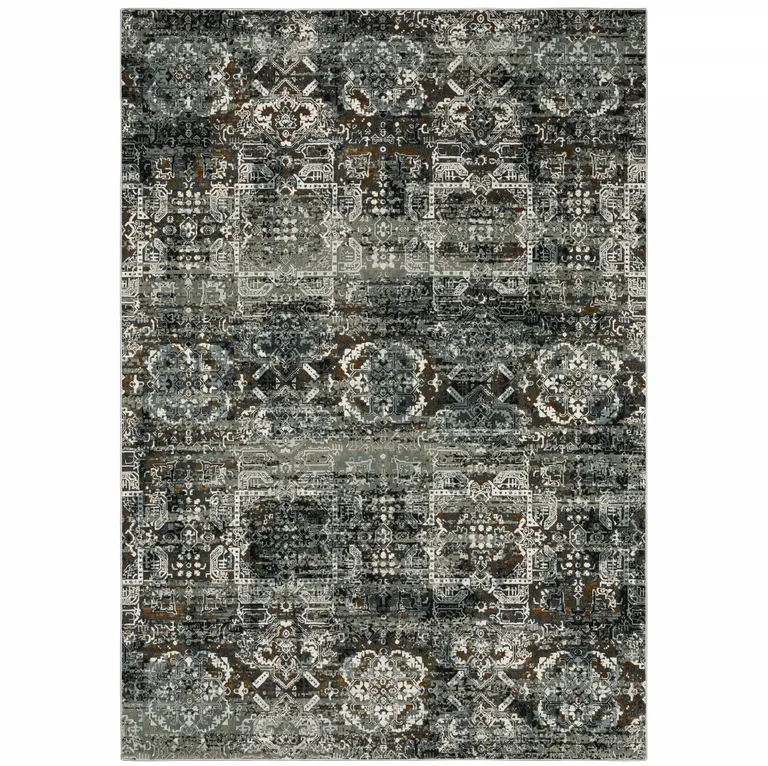 Ivory Charcoal Grey Blue Rust Gold And Brown Oriental Power Loom Stain Resistant Area Rug Photo 2
