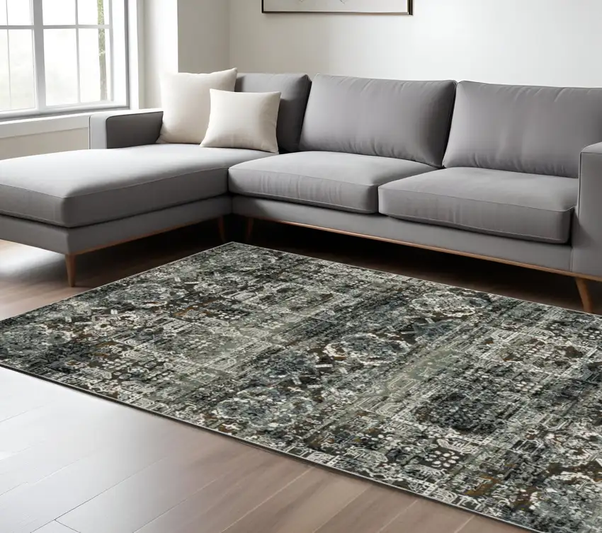 Charcoal Gray And White Oriental Distressed Area Rug Photo 1