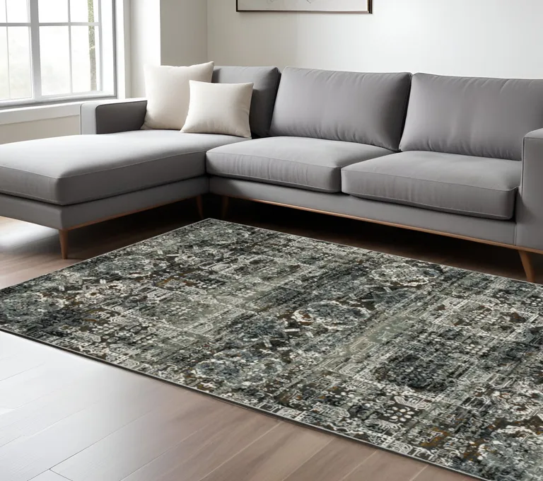 Ivory Charcoal Grey Blue Rust Gold And Brown Oriental Power Loom Stain Resistant Area Rug Photo 4