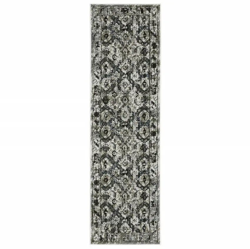 Ivory Charcoal Grey Blue Rust Gold And Brown Oriental Power Loom Stain Resistant Runner Rug Photo 1