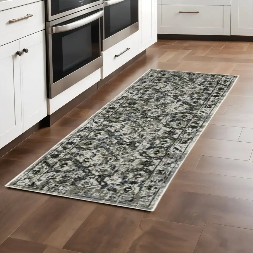 2' X 8' Ivory Charcoal Grey Blue Rust Gold And Brown Oriental Power Loom Stain Resistant Runner Rug Photo 1