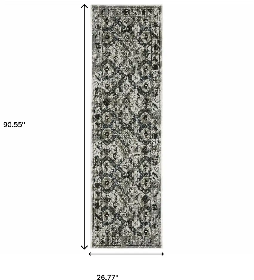 Ivory Charcoal Grey Blue Rust Gold And Brown Oriental Power Loom Stain Resistant Runner Rug Photo 4
