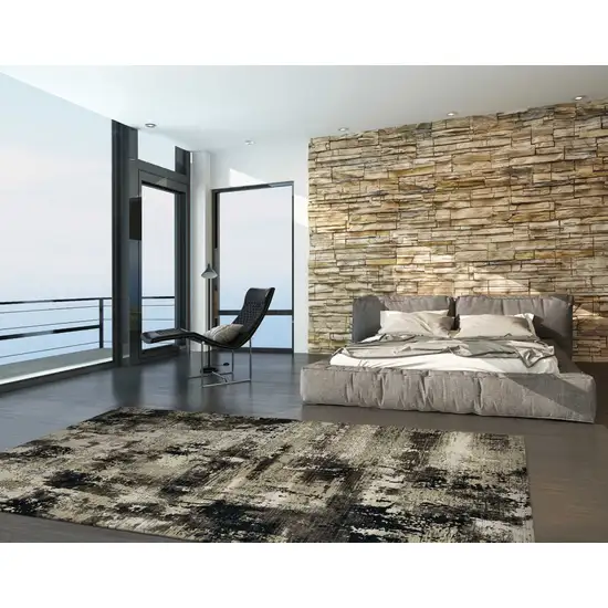 Ivory Charcoal Machine Woven Shrank Abstract Design Indoor Runner Rug Photo 4