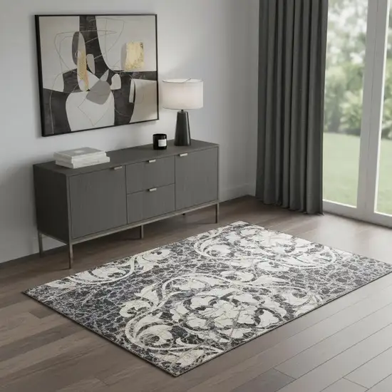 Ivory Charcoal and Gray Floral Distressed Area Rug Photo 1