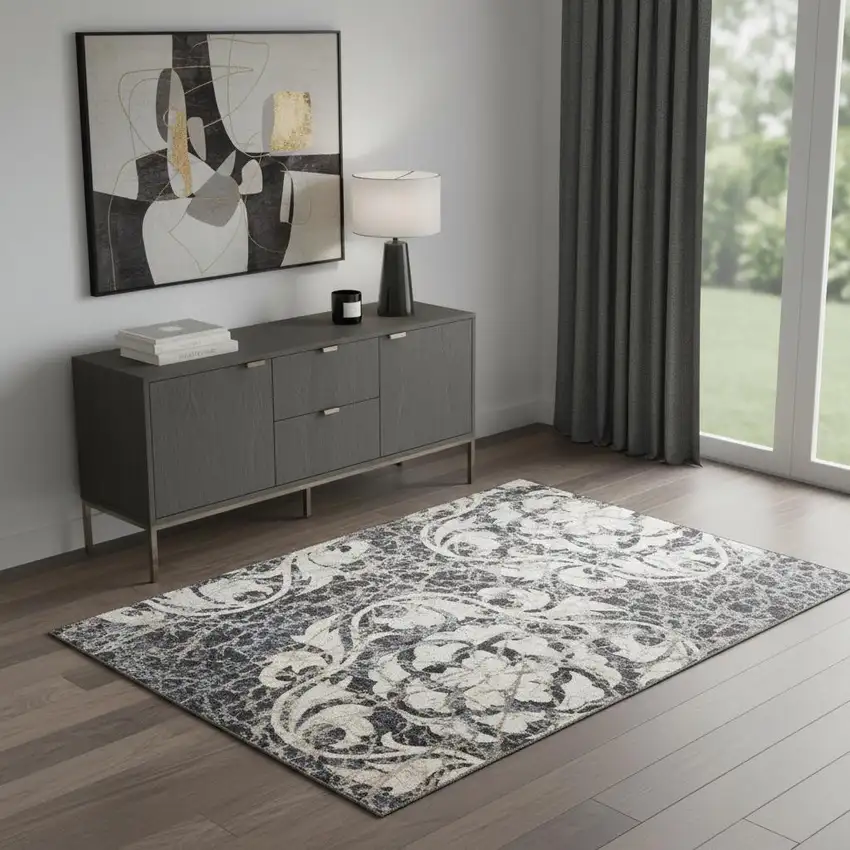 Ivory Charcoal and Gray Floral Distressed Area Rug Photo 1