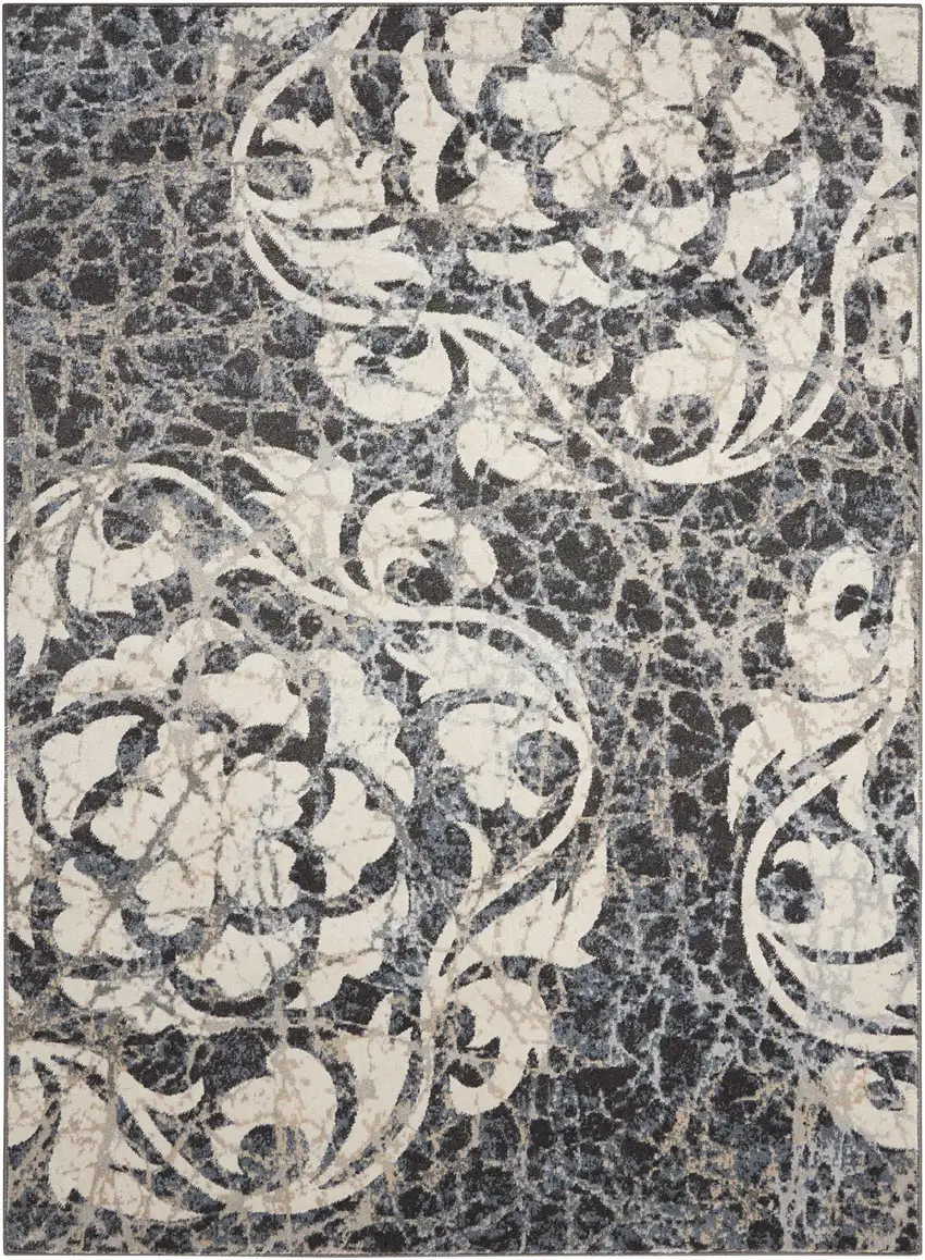 Ivory Charcoal and Gray Floral Distressed Area Rug Photo 7