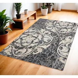 Photo of Ivory Charcoal and Gray Floral Distressed Area Rug