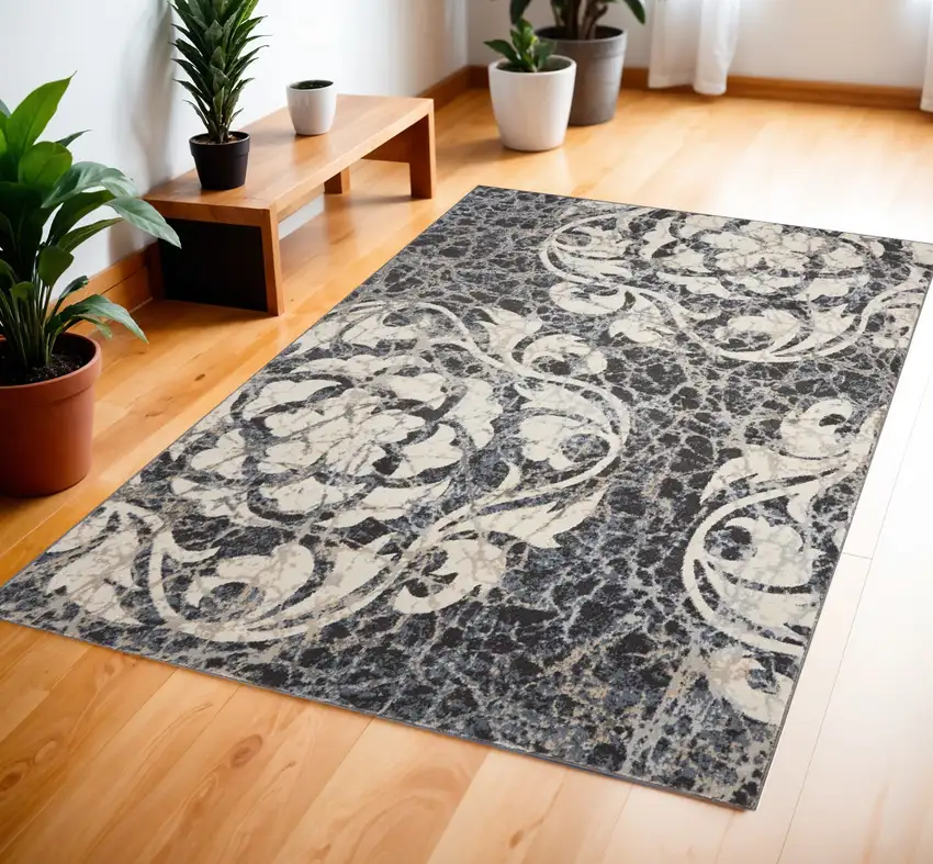 Ivory Charcoal and Gray Floral Distressed Area Rug Photo 1