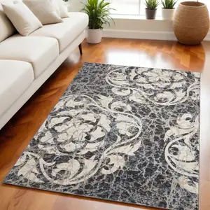 Photo of Ivory Charcoal and Gray Floral Distressed Non Skid Area Rug