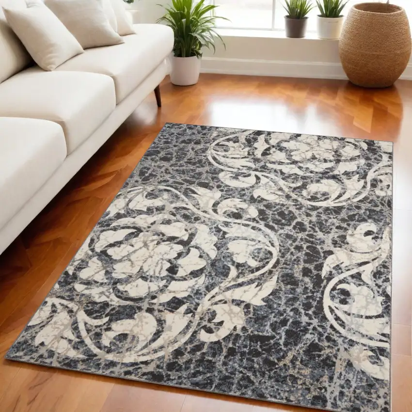 Ivory Charcoal and Gray Floral Distressed Non Skid Area Rug Photo 1