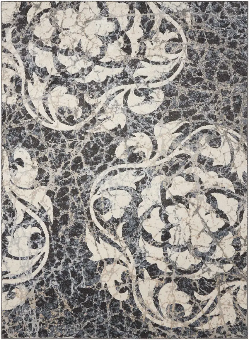 Ivory Charcoal and Gray Floral Distressed Non Skid Area Rug Photo 2
