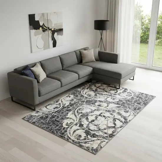 Ivory Charcoal and Gray Floral Distressed Non Skid Area Rug Photo 1