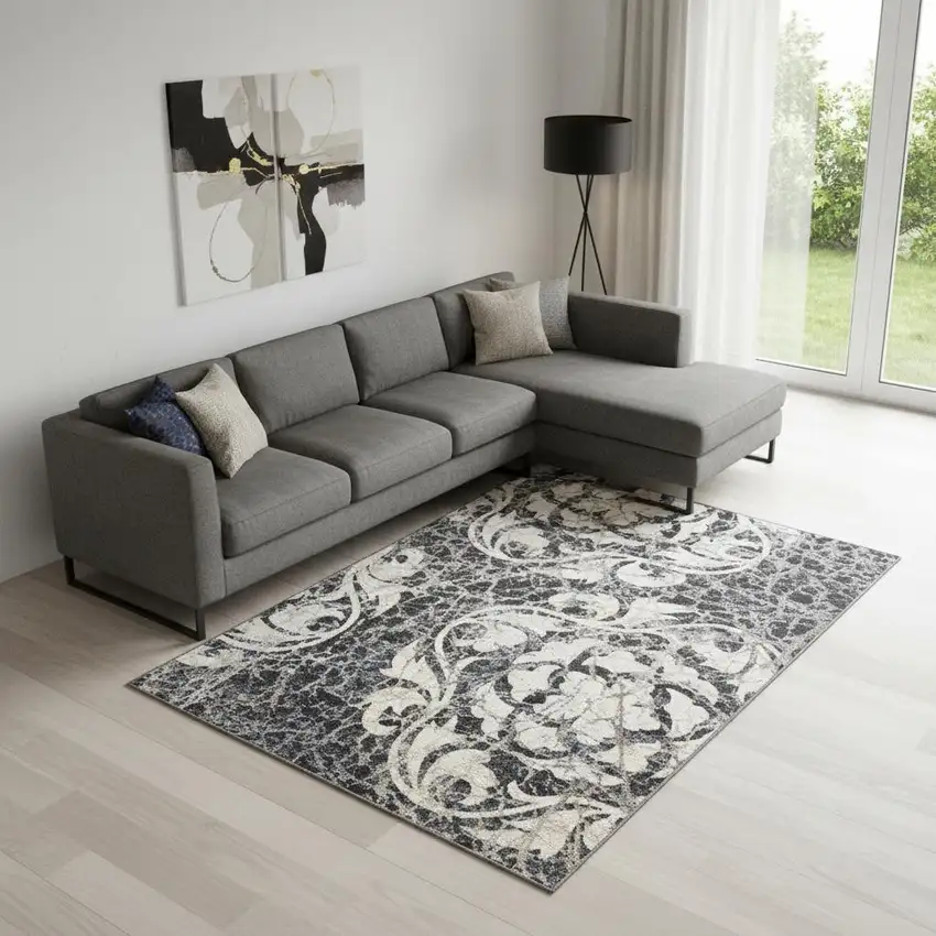 Ivory Charcoal and Gray Floral Distressed Non Skid Area Rug Photo 1