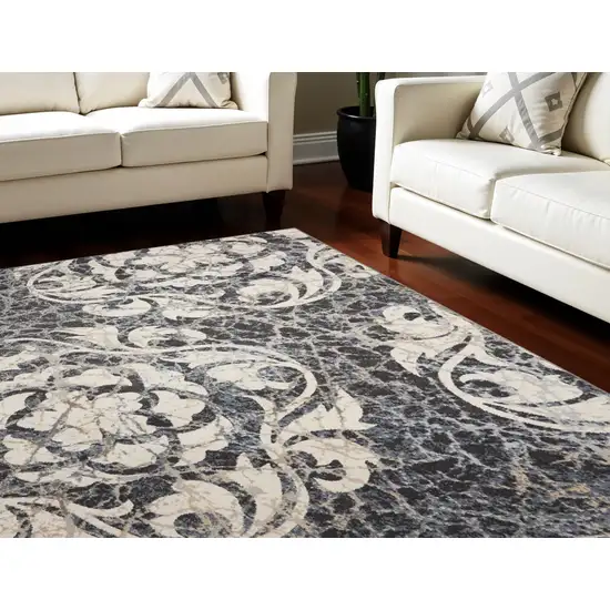 Ivory Charcoal and Gray Floral Distressed Non Skid Area Rug Photo 1