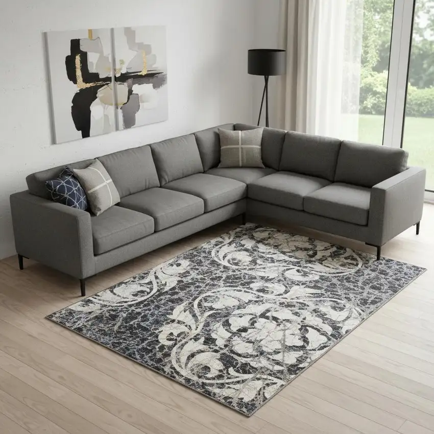 Ivory Charcoal and Gray Floral Distressed Non Skid Area Rug Photo 1