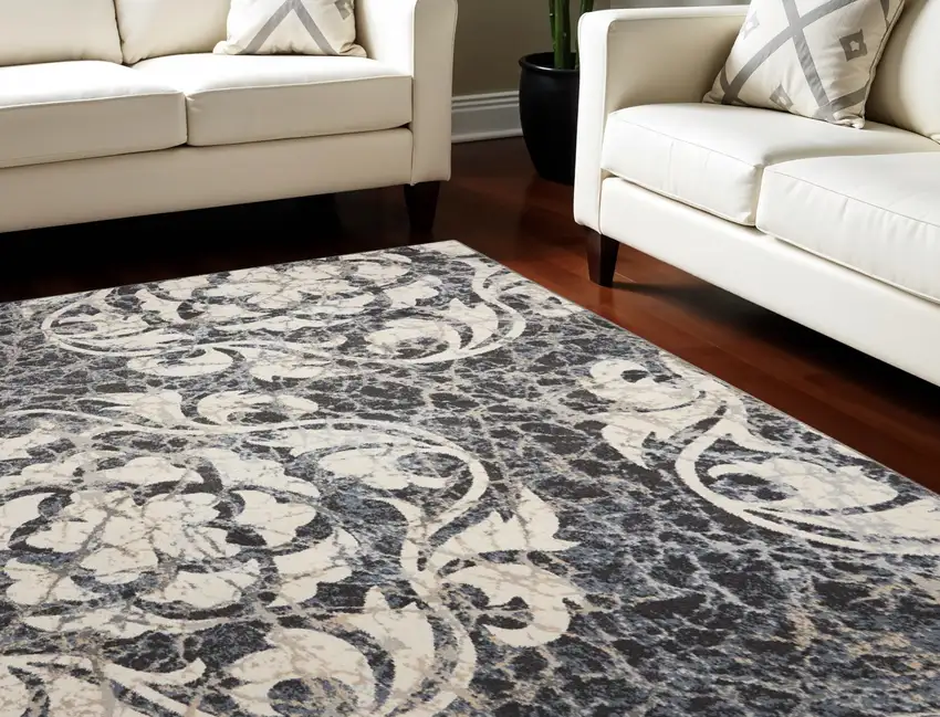 Ivory Charcoal and Gray Floral Distressed Non Skid Area Rug Photo 1