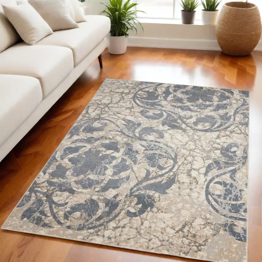 Ivory Charcoal and Gray Floral Distressed Non Skid Area Rug Photo 1
