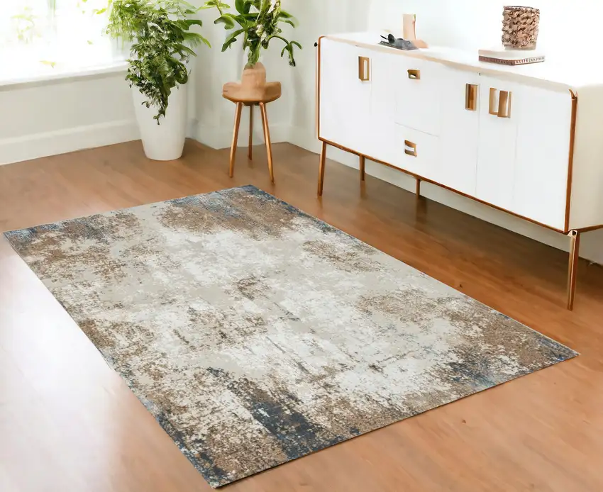 Ivory Charcoal and Taupe Abstract Distressed Non Skid Area Rug Photo 1
