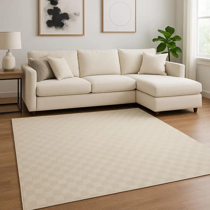 Ivory Checkered Area Rug Photo 1