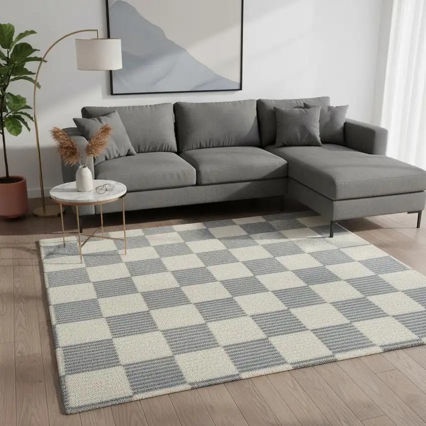 Ivory Checkered Area Rug Photo 1