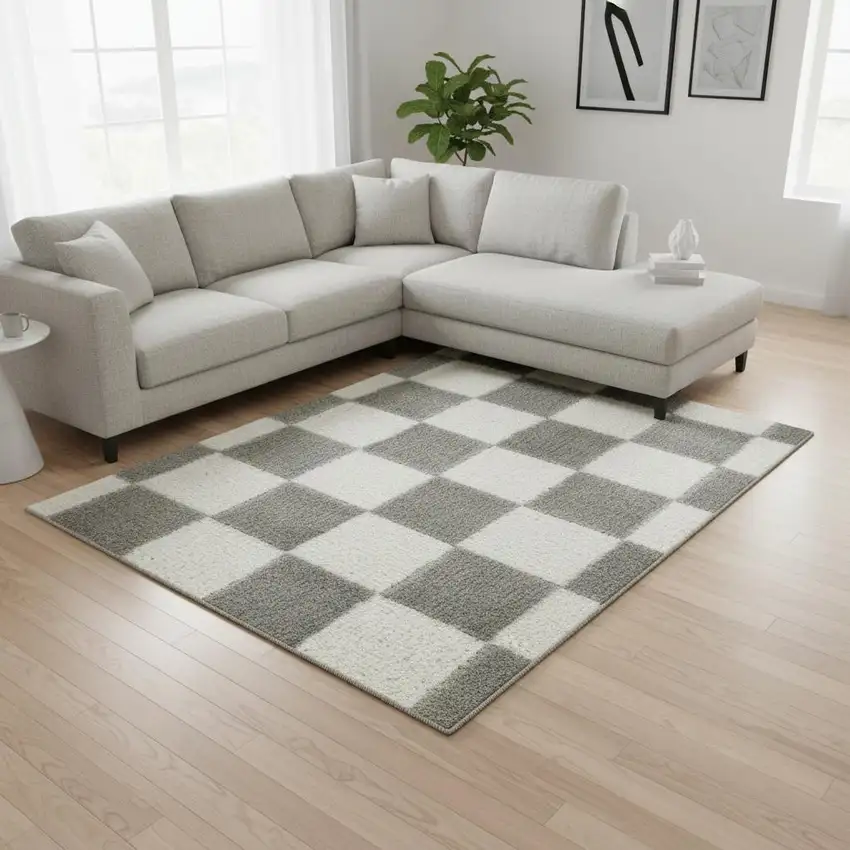 Ivory Checkered Area Rug Photo 1