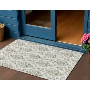 Photo of Ivory Copper And Gray Damask Washable Indoor Outdoor Area Rug