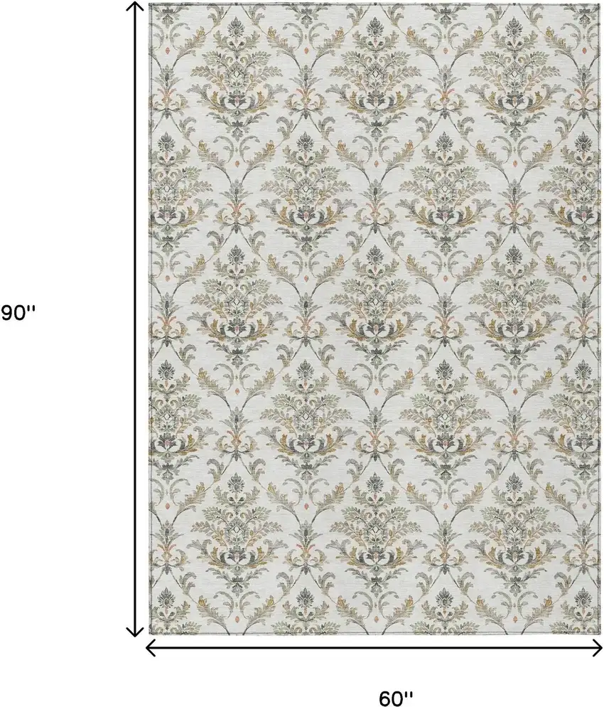 Ivory Copper And Gray Damask Washable Indoor Outdoor Area Rug Photo 3