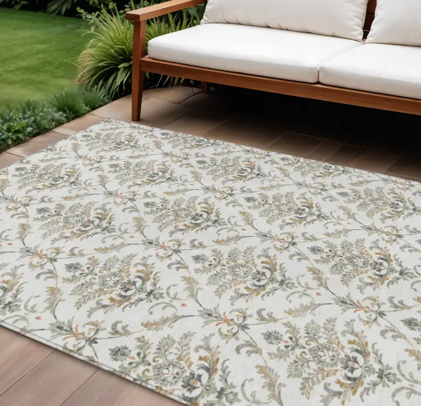 Ivory Copper And Gray Damask Washable Indoor Outdoor Area Rug Photo 1