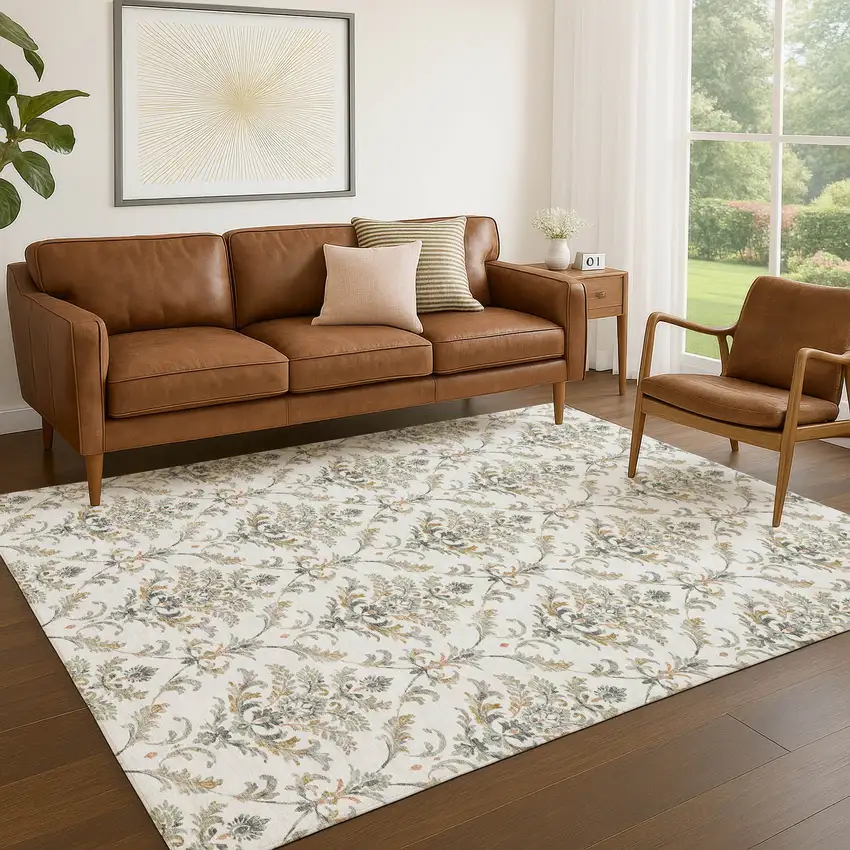 Ivory Copper And Gray Damask Washable Indoor Outdoor Area Rug Photo 9