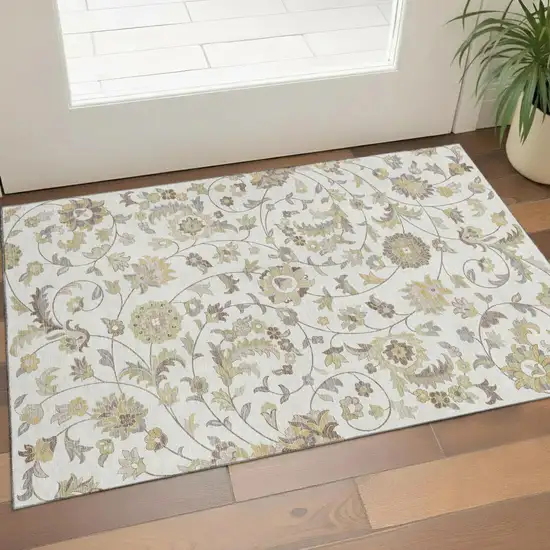 Ivory Copper And Gray Floral Washable Area Rug With UV Protection Photo 1