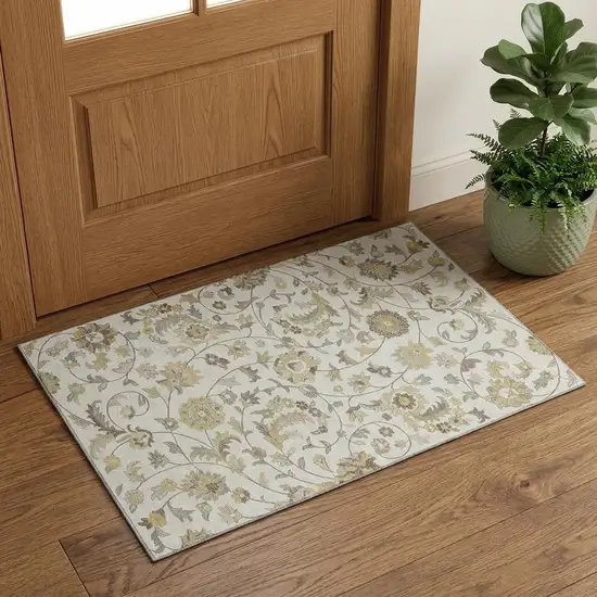 Ivory Copper And Gray Floral Washable Area Rug With UV Protection Photo 1