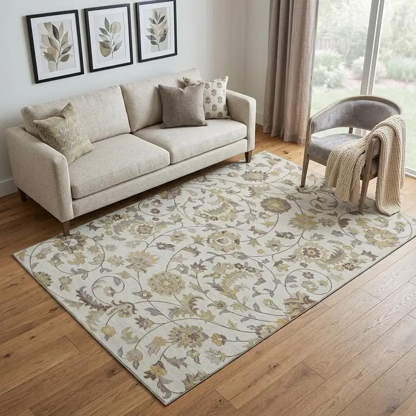 Ivory Copper And Gray Floral Washable Area Rug With UV Protection Photo 1
