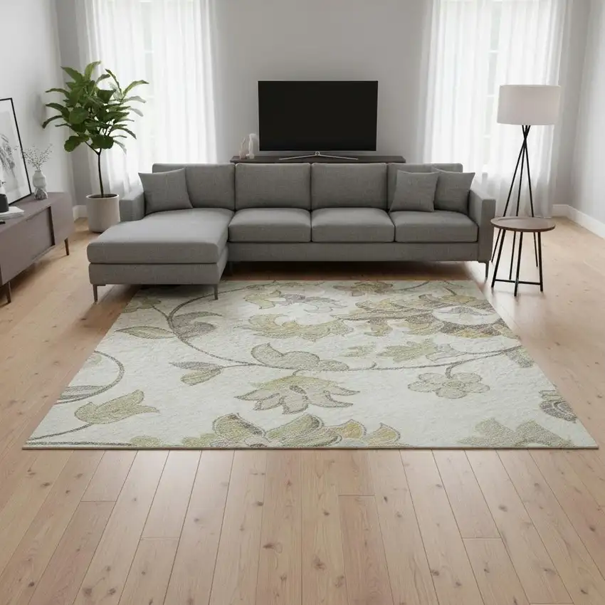 Ivory Copper And Gray Floral Washable Area Rug With UV Protection Photo 2