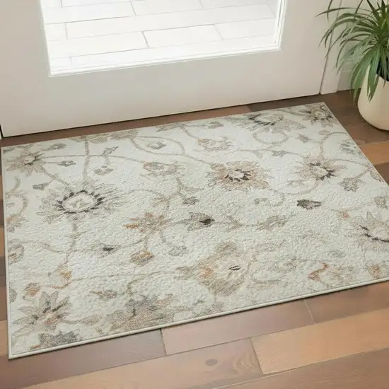 Ivory Copper And Gray Floral Washable Area Rug With UV Protection Photo 2