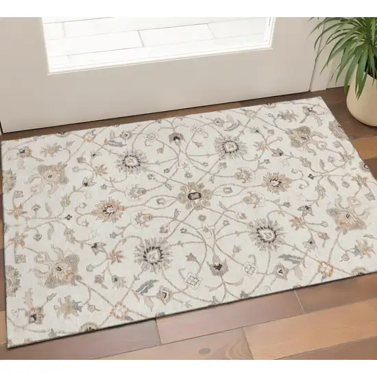 Ivory Copper And Gray Floral Washable Area Rug With UV Protection Photo 1