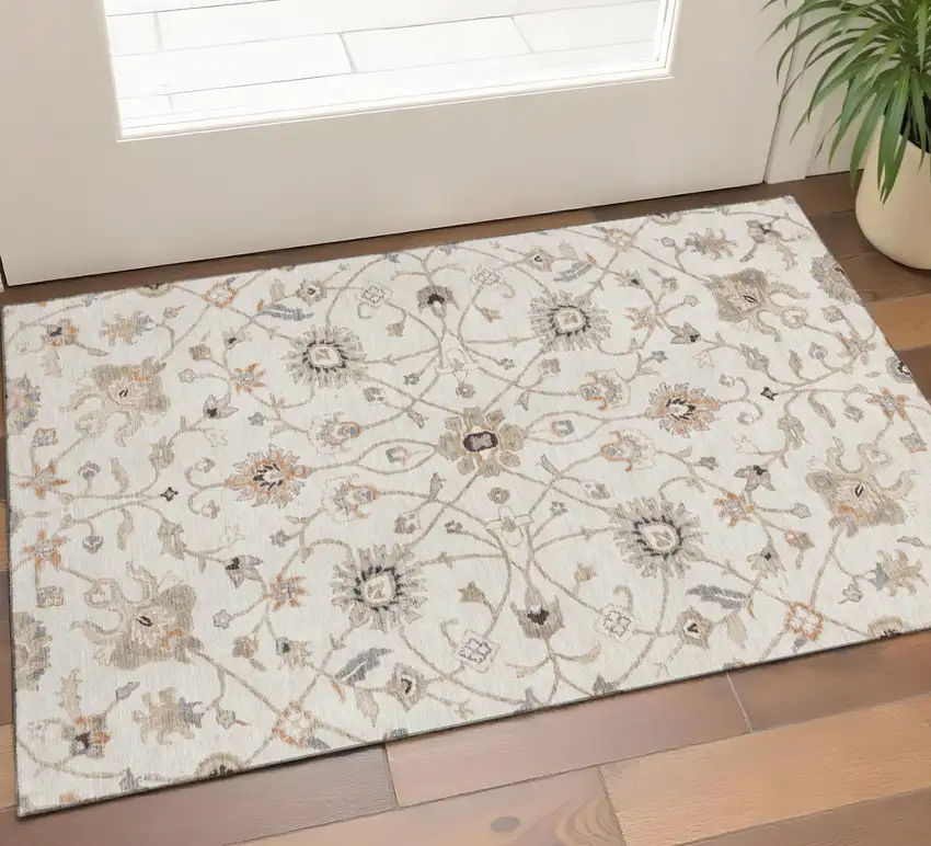 Ivory Copper And Gray Floral Washable Area Rug With UV Protection Photo 1
