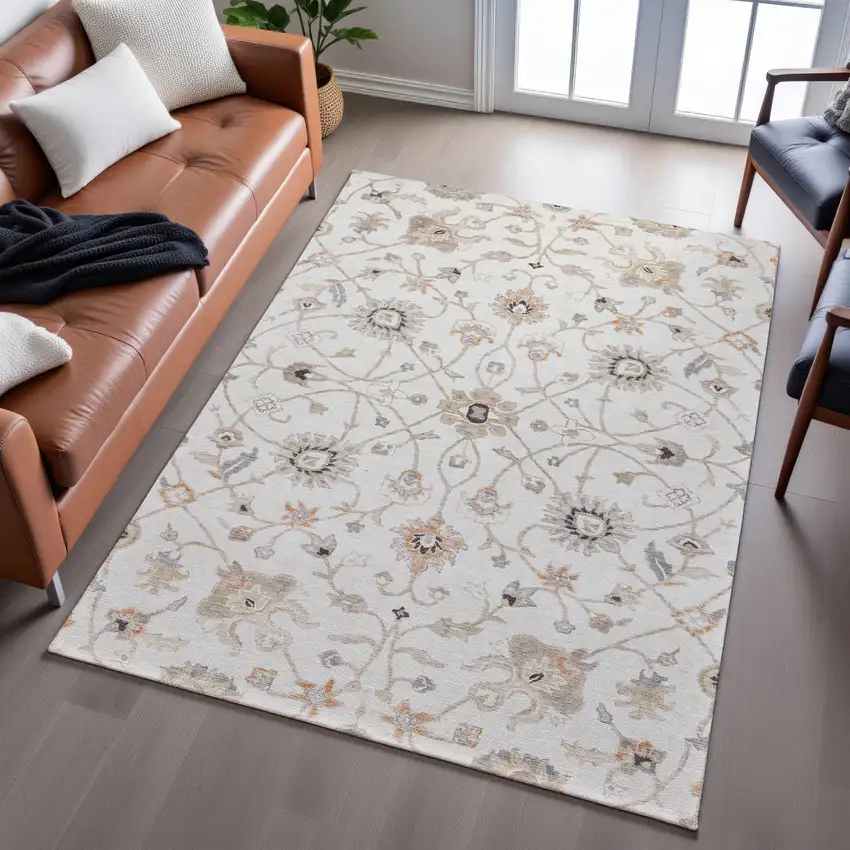 Ivory Copper And Gray Floral Washable Area Rug With UV Protection Photo 5