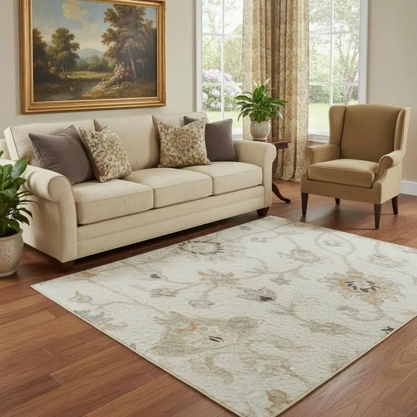 Ivory Copper And Gray Floral Washable Area Rug With UV Protection Photo 2