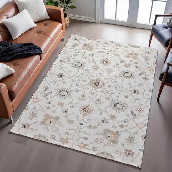 Ivory Copper And Gray Floral Washable Area Rug With UV Protection Photo 5