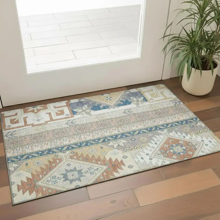 Ivory Copper And Teal Southwestern Washable Area Rug With UV Protection Photo 2