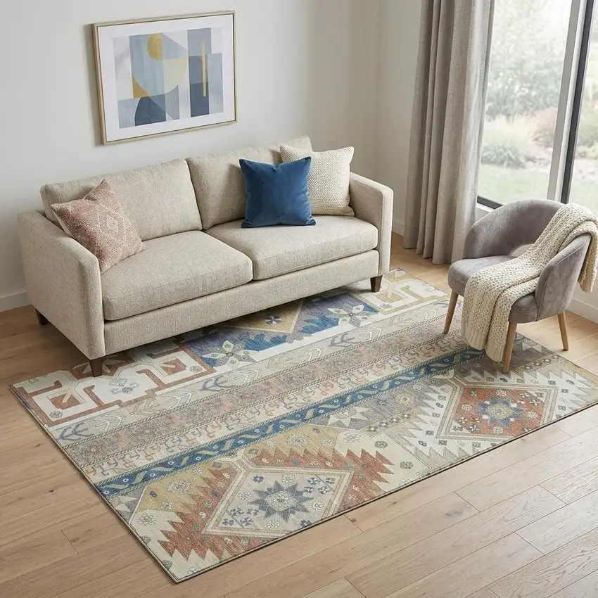 Ivory Copper And Teal Southwestern Washable Area Rug With UV Protection Photo 1