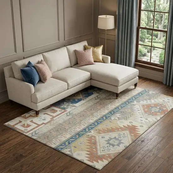 Ivory Copper And Teal Southwestern Washable Area Rug With UV Protection Photo 1