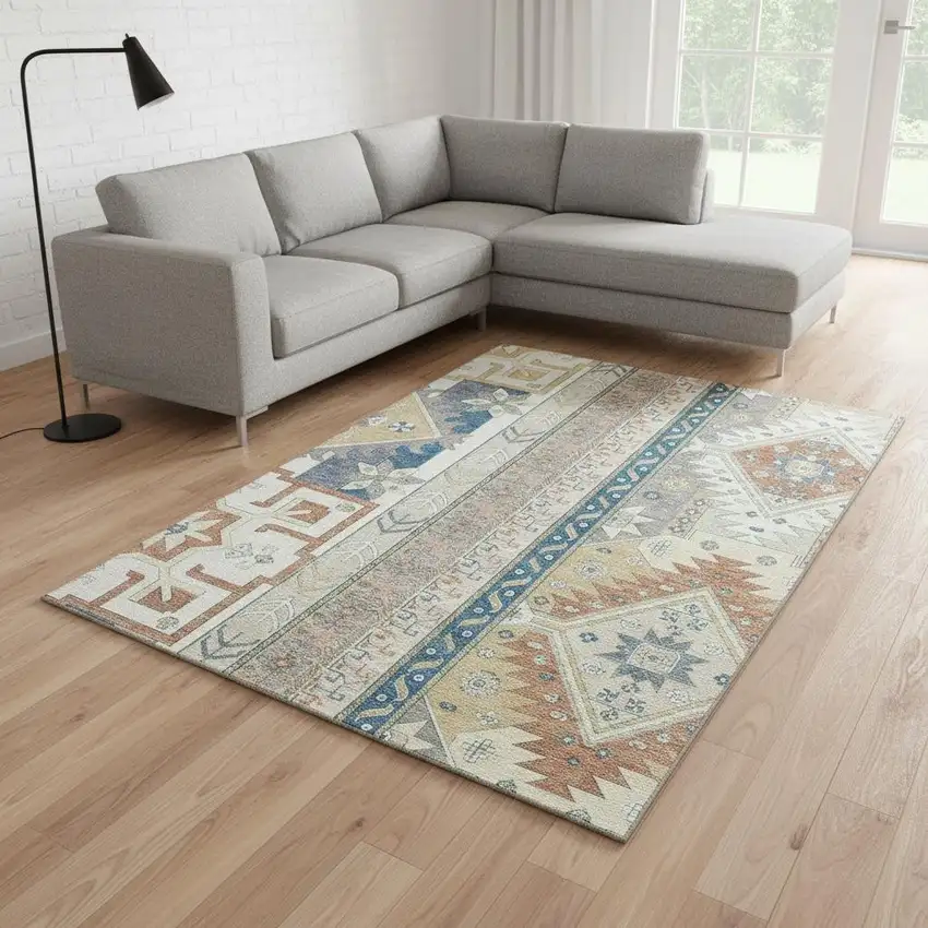 Ivory Copper And Teal Southwestern Washable Area Rug With UV Protection Photo 2