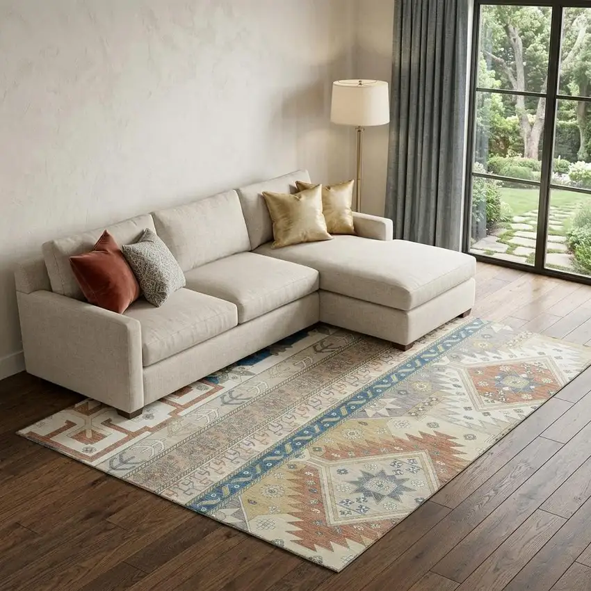 Ivory Copper And Teal Southwestern Washable Area Rug With UV Protection Photo 1