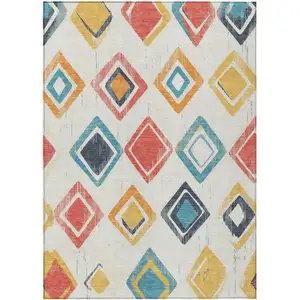 Photo of Ivory Coral And Teal Blue Geometric Washable Indoor Outdoor Area Rug
