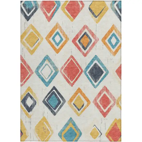 Ivory Coral And Teal Blue Geometric Washable Indoor Outdoor Area Rug Photo 5