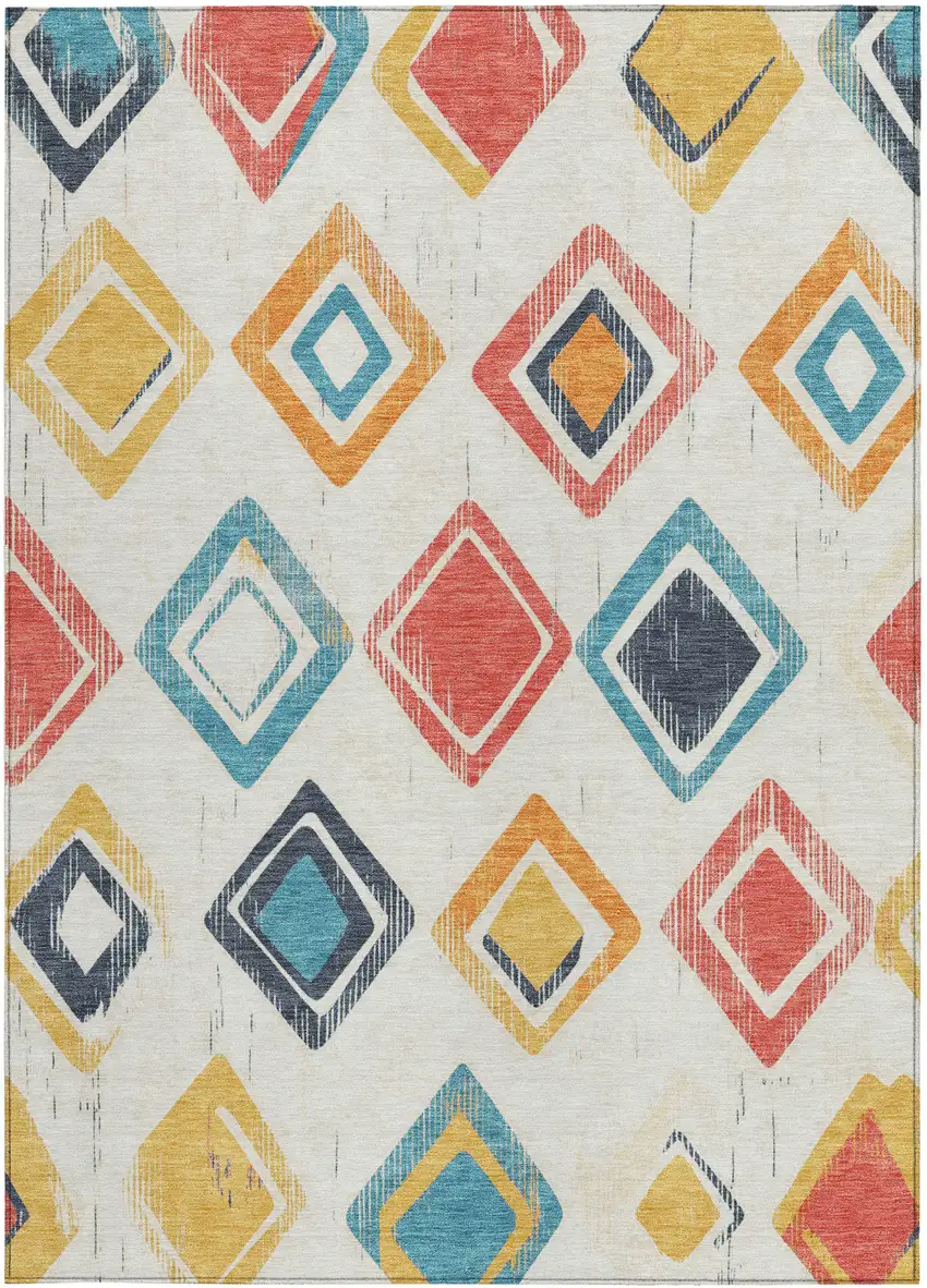 Ivory Coral And Teal Blue Geometric Washable Indoor Outdoor Area Rug Photo 5