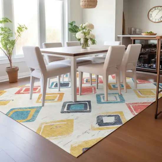 Ivory Coral And Teal Blue Geometric Washable Indoor Outdoor Area Rug Photo 9