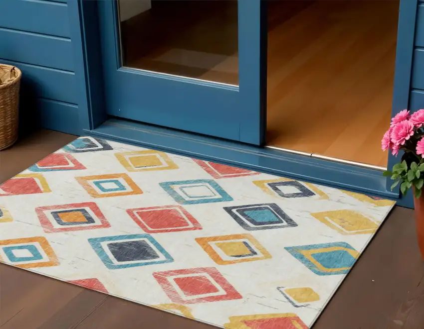 Ivory Coral And Teal Blue Geometric Washable Indoor Outdoor Area Rug Photo 3