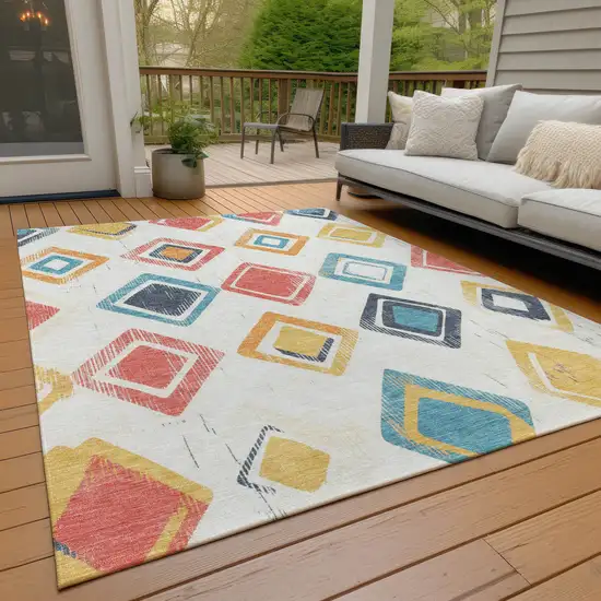 Ivory Coral And Teal Blue Geometric Washable Indoor Outdoor Area Rug Photo 8